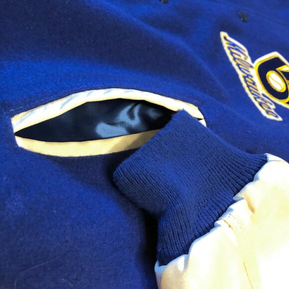Milwaukee Brewers Wool Leather Varsity Jacket Vtg 90s Large Baseball Letterman - Picture 6 of 14